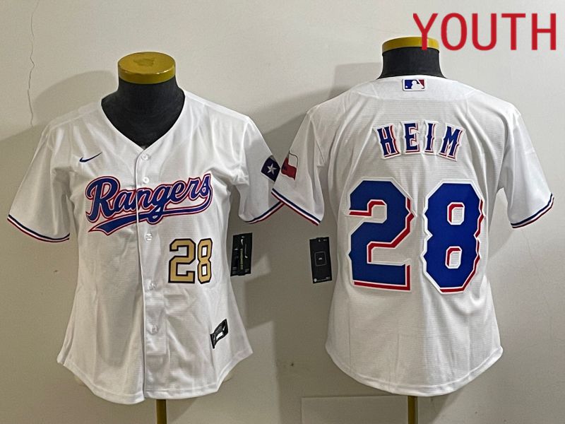 Youth Texas Rangers #28 Heim White Nike Game 2024 MLB Jersey style 3